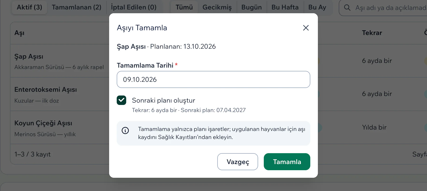 Aşıyı Tamamla penceresinde tamamlama tarihi ve işaretli Sonraki planı oluştur kutusu