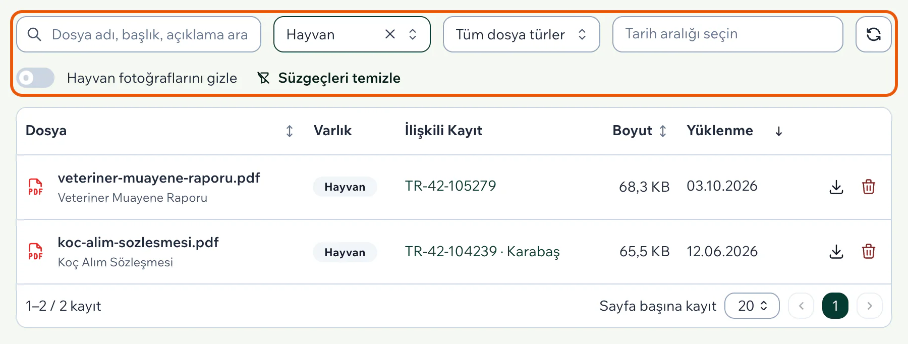 Varlık türü Hayvan seçiliyken süzgeç çubuğu, Süzgeçleri temizle düğmesi ve hayvanlara bağlı iki belge