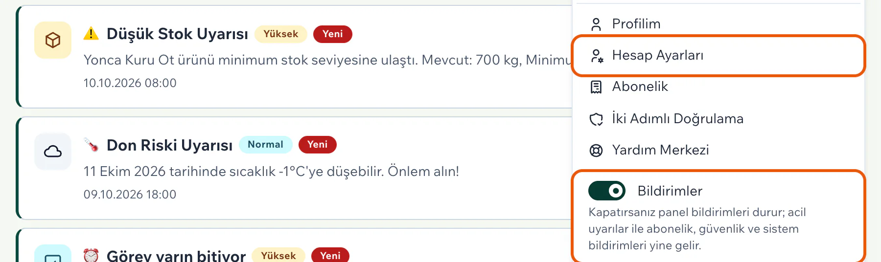 Kullanıcı menüsünde vurgulu Hesap Ayarları satırı ve en alttaki Bildirimler anahtarı