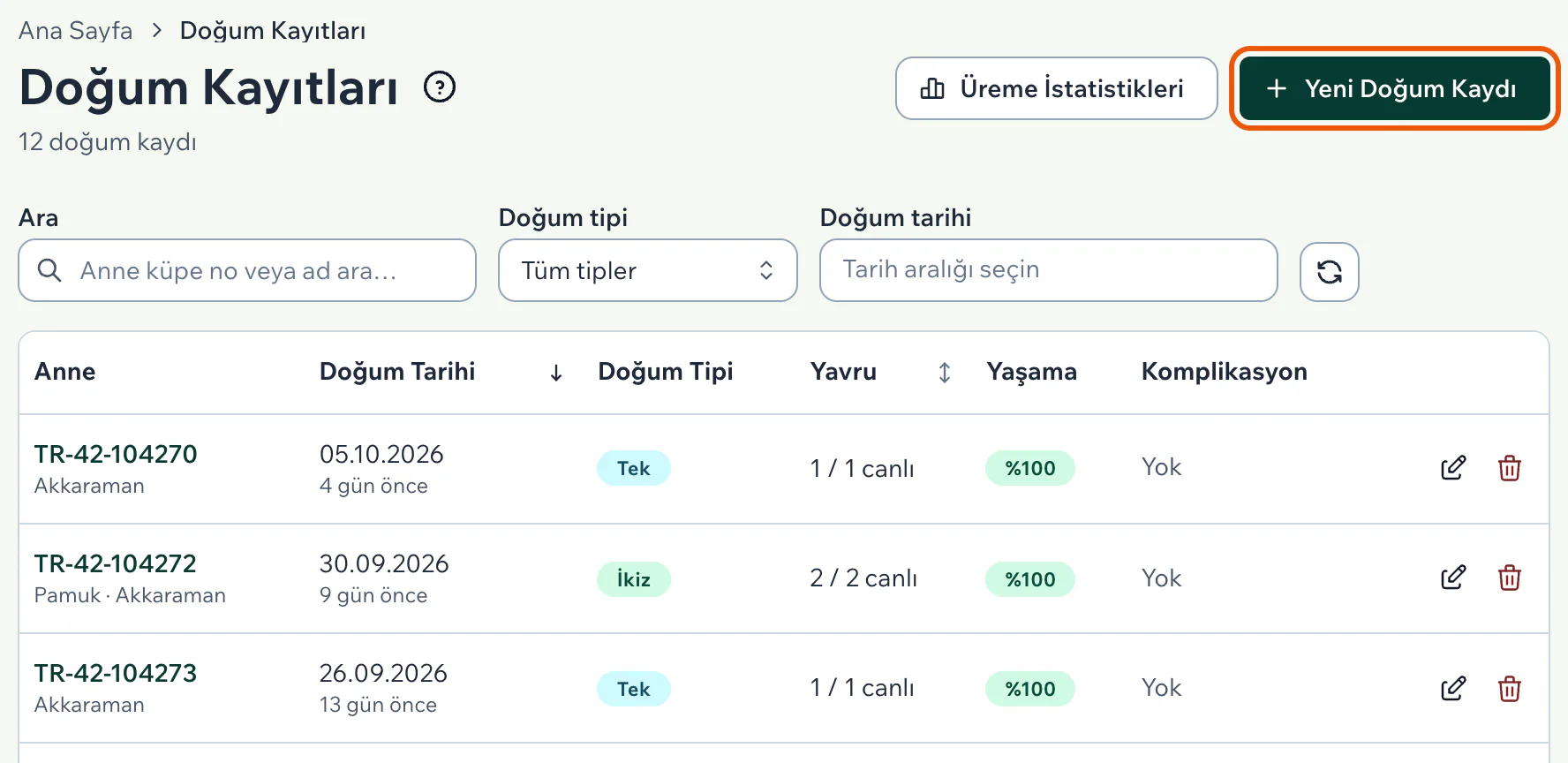 Doğum Kayıtları sayfasında sağ üstteki Yeni Doğum Kaydı düğmesi ve doğum listesi