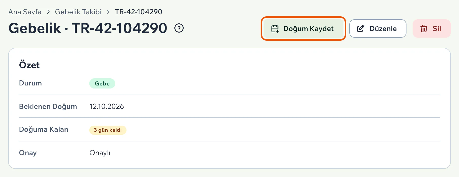 Gebelik sayfasında sağ üstteki Doğum Kaydet düğmesi ve Özet bölümü