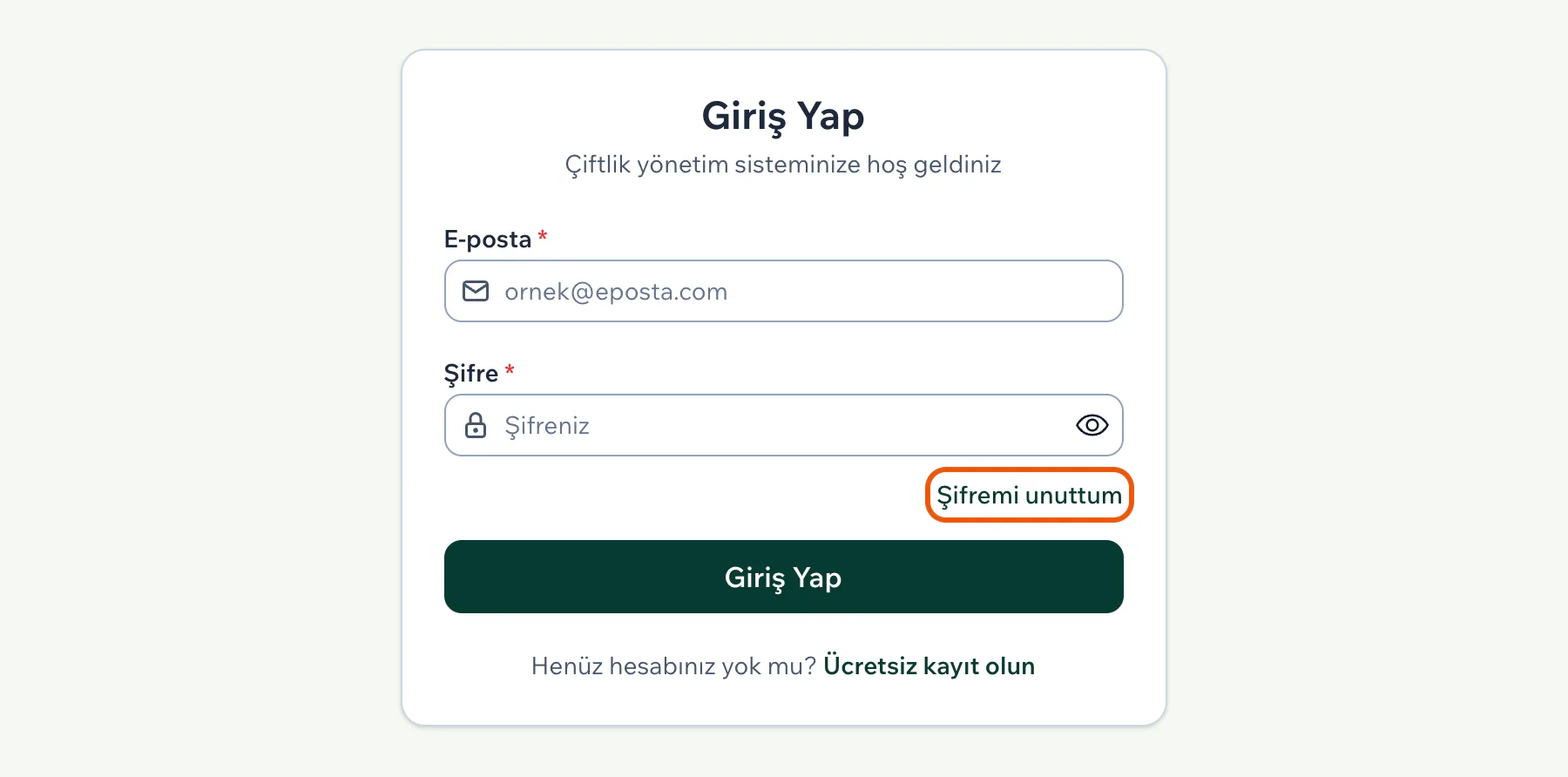 Giriş sayfasında şifre alanının altındaki Şifremi unuttum bağlantısı