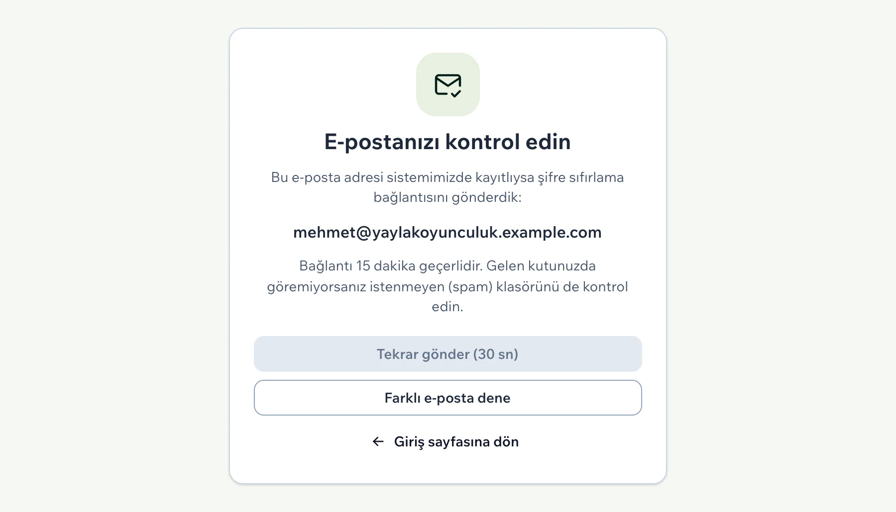 E-postanızı kontrol edin ekranı; altında Tekrar gönder ve Farklı e-posta dene düğmeleri