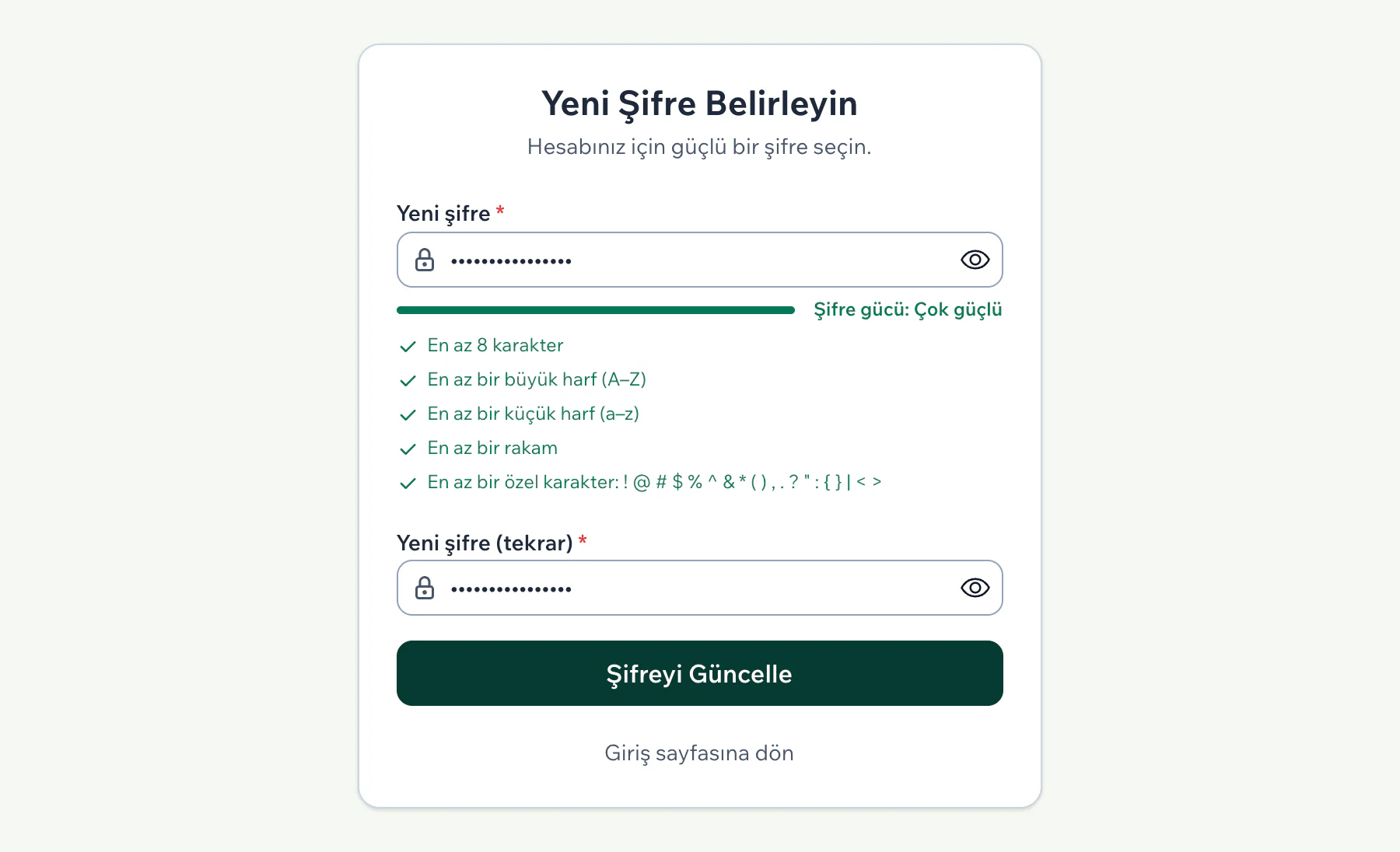 Yeni Şifre Belirleyin sayfasında şifre kuralları listesi ve Şifreyi Güncelle düğmesi