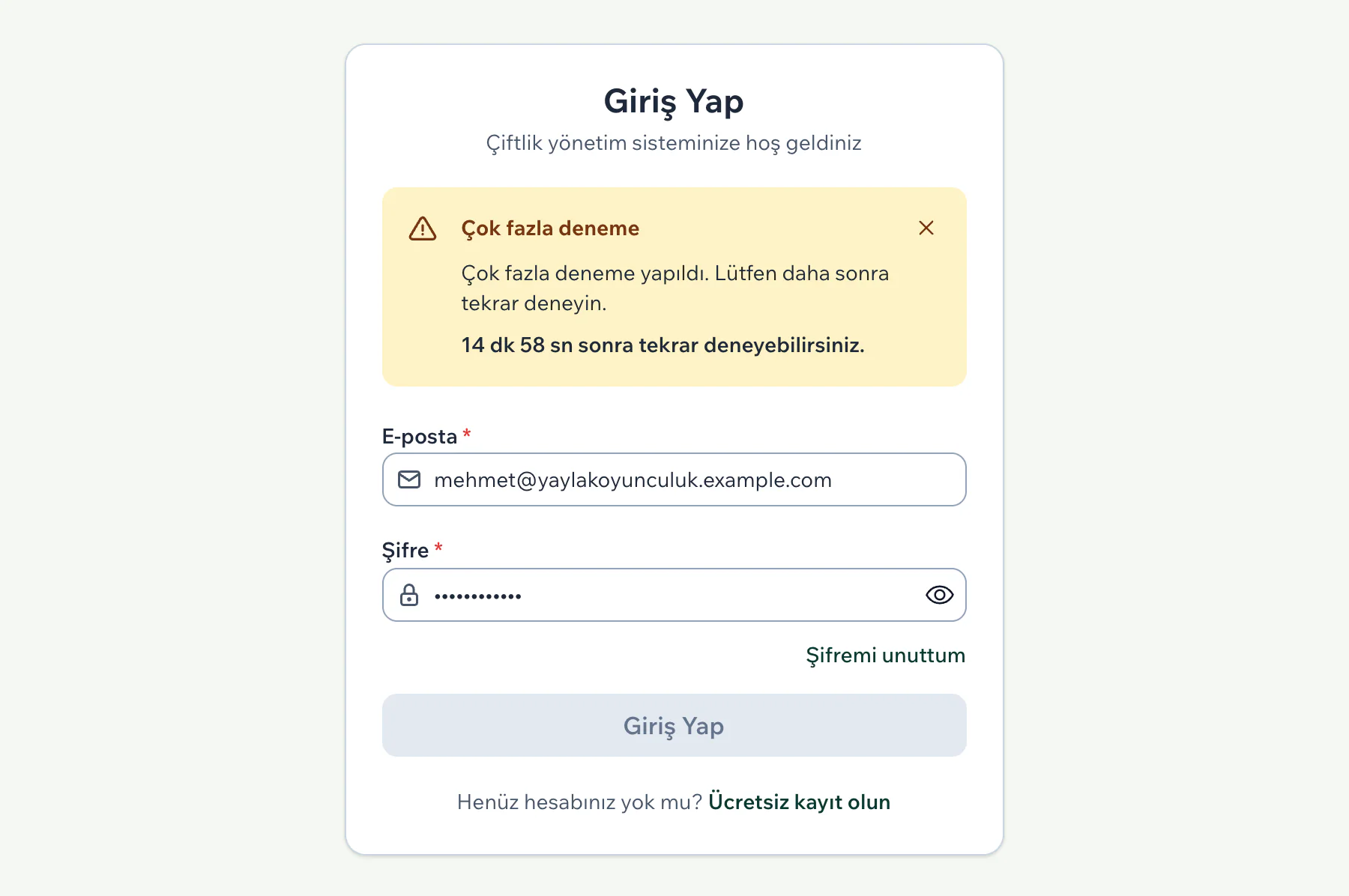Giriş sayfasında Çok fazla deneme uyarısı ve kalan süre