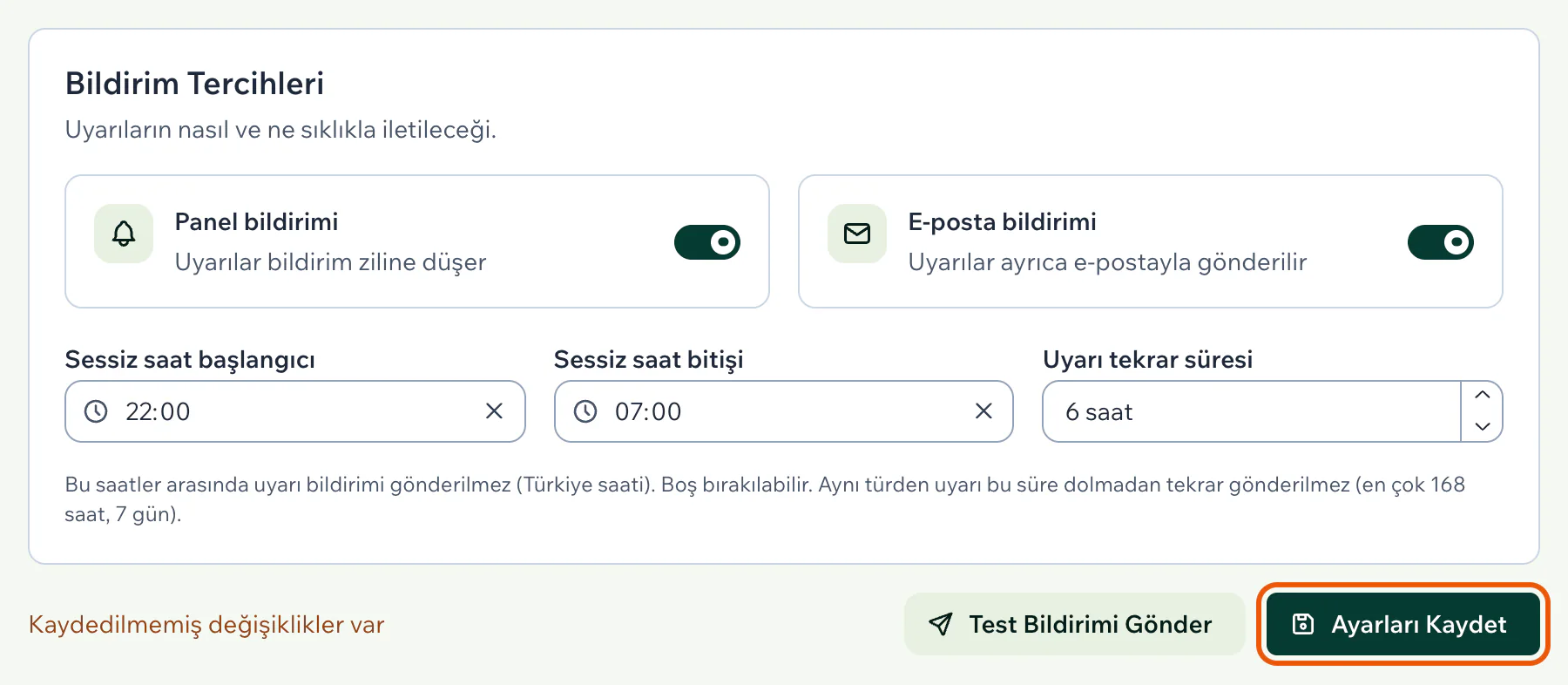 Bildirim Tercihleri bölümünde sessiz saatler dolu; altta Kaydedilmemiş değişiklikler var notu, Test Bildirimi Gönder ve vurgulu Ayarları Kaydet düğmesi