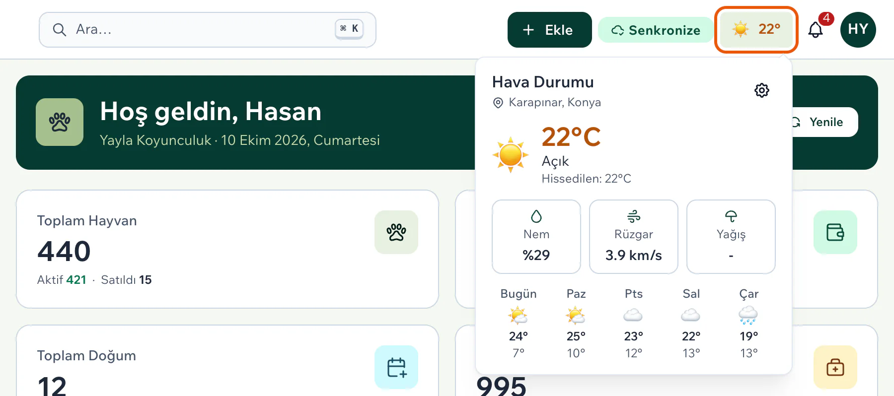 Üst çubukta vurgulu hava durumu göstergesi ve açılan pencere: konum, sıcaklık, nem, rüzgâr, yağış ve beş günlük tahmin