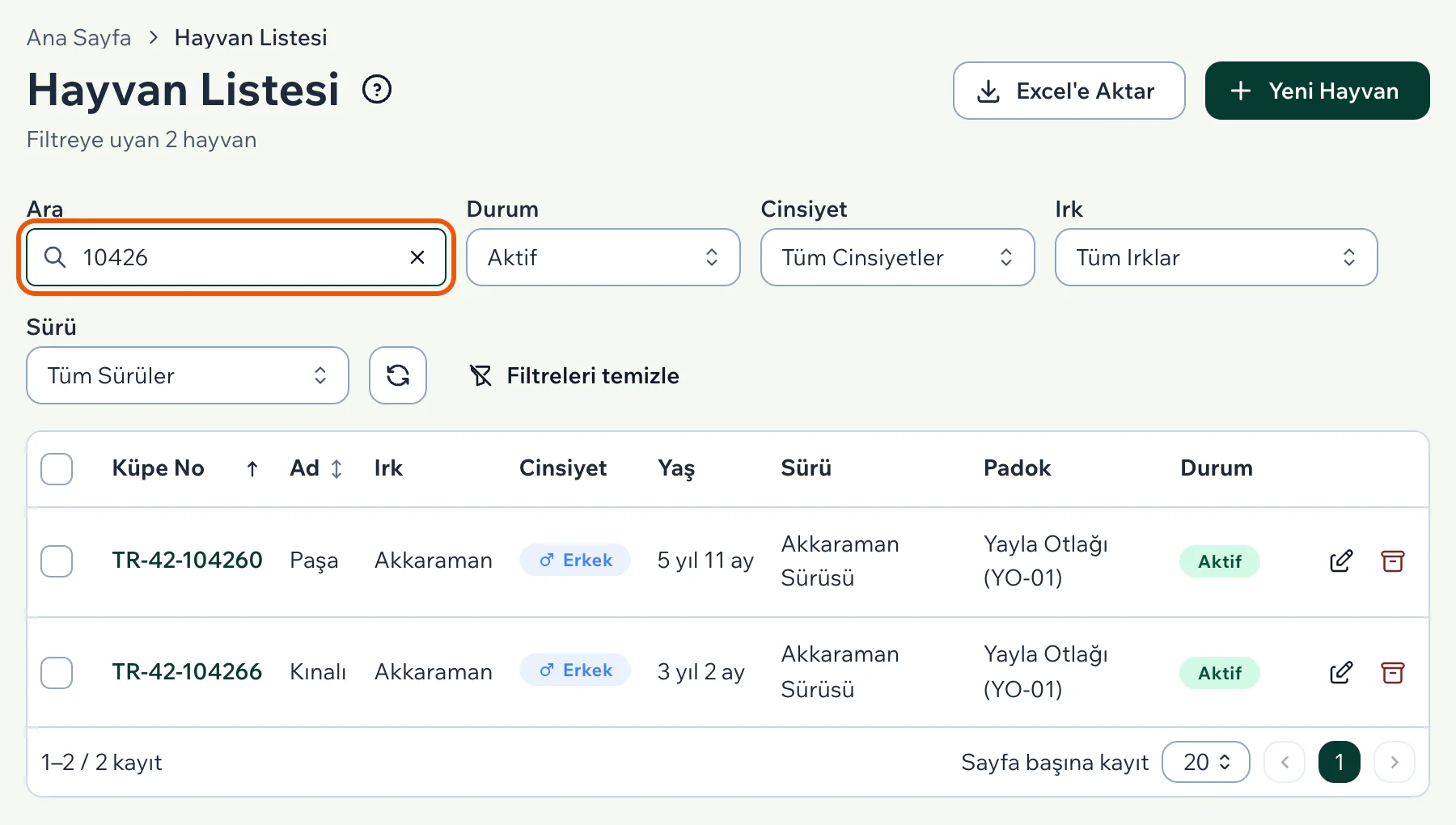 Ara kutusuna 10426 yazılmış; listede küpe numarasında bu rakamlar geçen iki hayvan