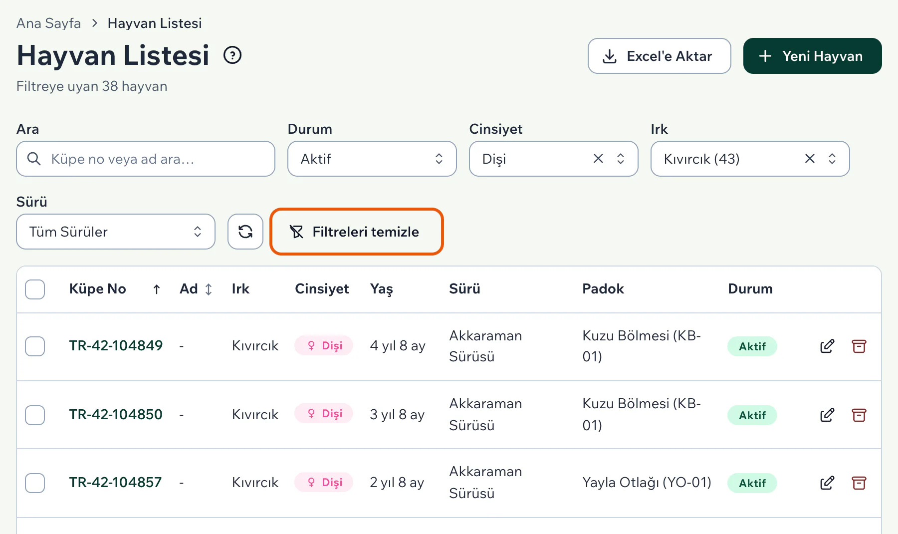 Cinsiyet Dişi ve Irk Kıvırcık seçili; yanında Filtreleri temizle düğmesi