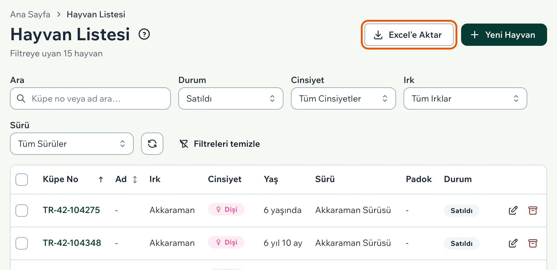 Durum süzgeci Satıldı iken sağ üstteki Excel'e Aktar düğmesi