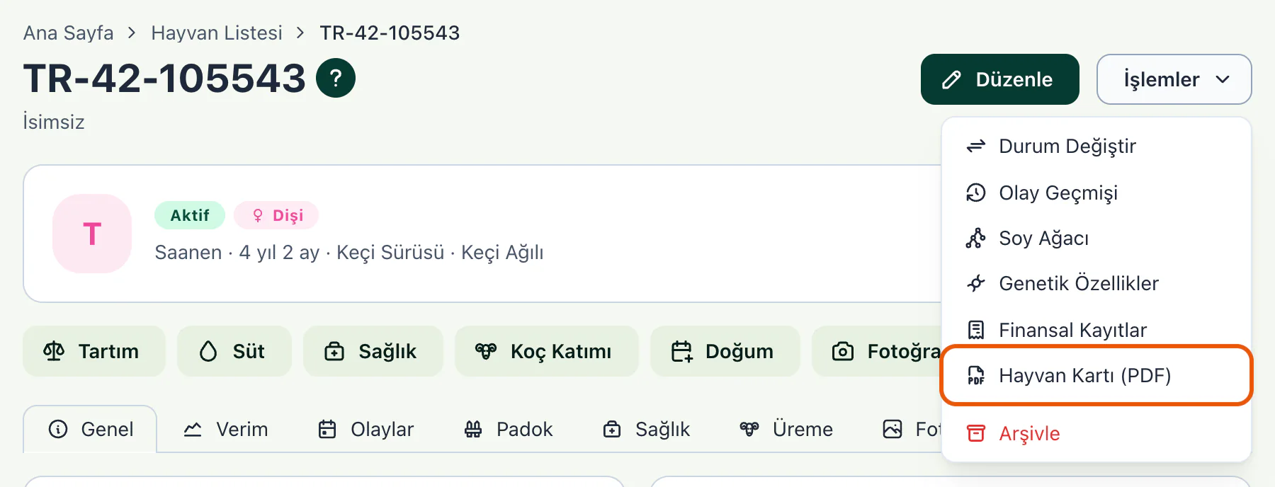 Açık İşlemler menüsü; Hayvan Kartı (PDF) satırı vurgulu