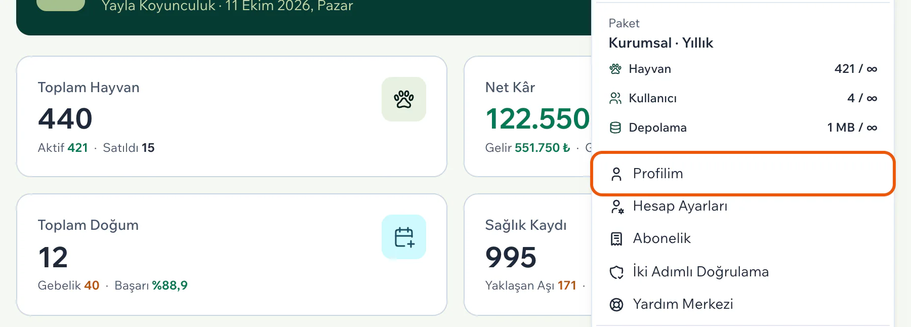 Kullanıcı menüsünde vurgulu Profilim satırı, altında Hesap Ayarları