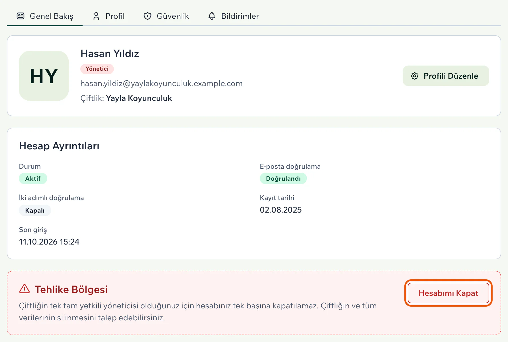Genel Bakış sekmesinde Hesap Ayrıntıları kartı ve altında Tehlike Bölgesi; Hesabımı Kapat düğmesi vurgulu