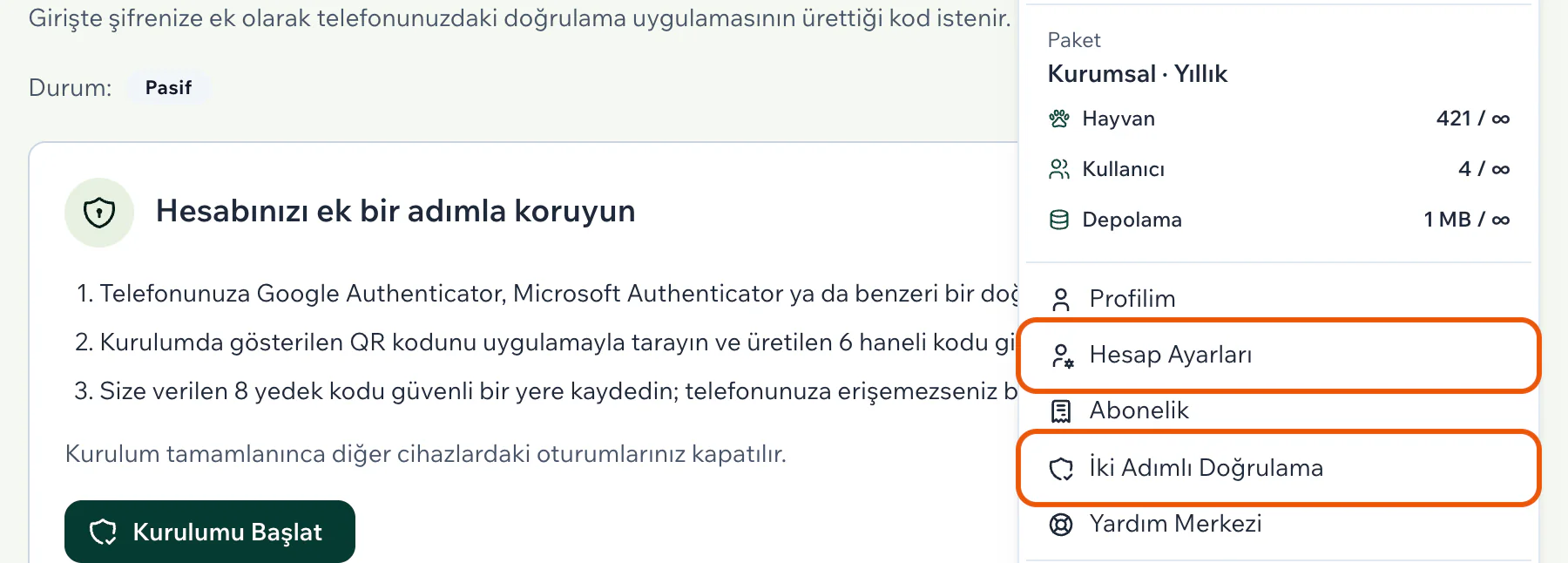Kullanıcı menüsünde vurgulu Hesap Ayarları ve İki Adımlı Doğrulama satırları