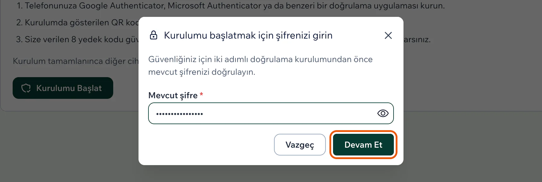 Kurulumu başlatmak için şifrenizi girin penceresinde Mevcut şifre alanı ve vurgulu Devam Et düğmesi