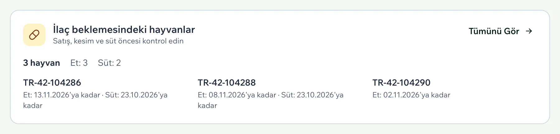 Ana Sayfa'da İlaç beklemesindeki hayvanlar kartı: hayvan sayısı, et ve süt sayıları, hayvanlar ve bitiş günleri
