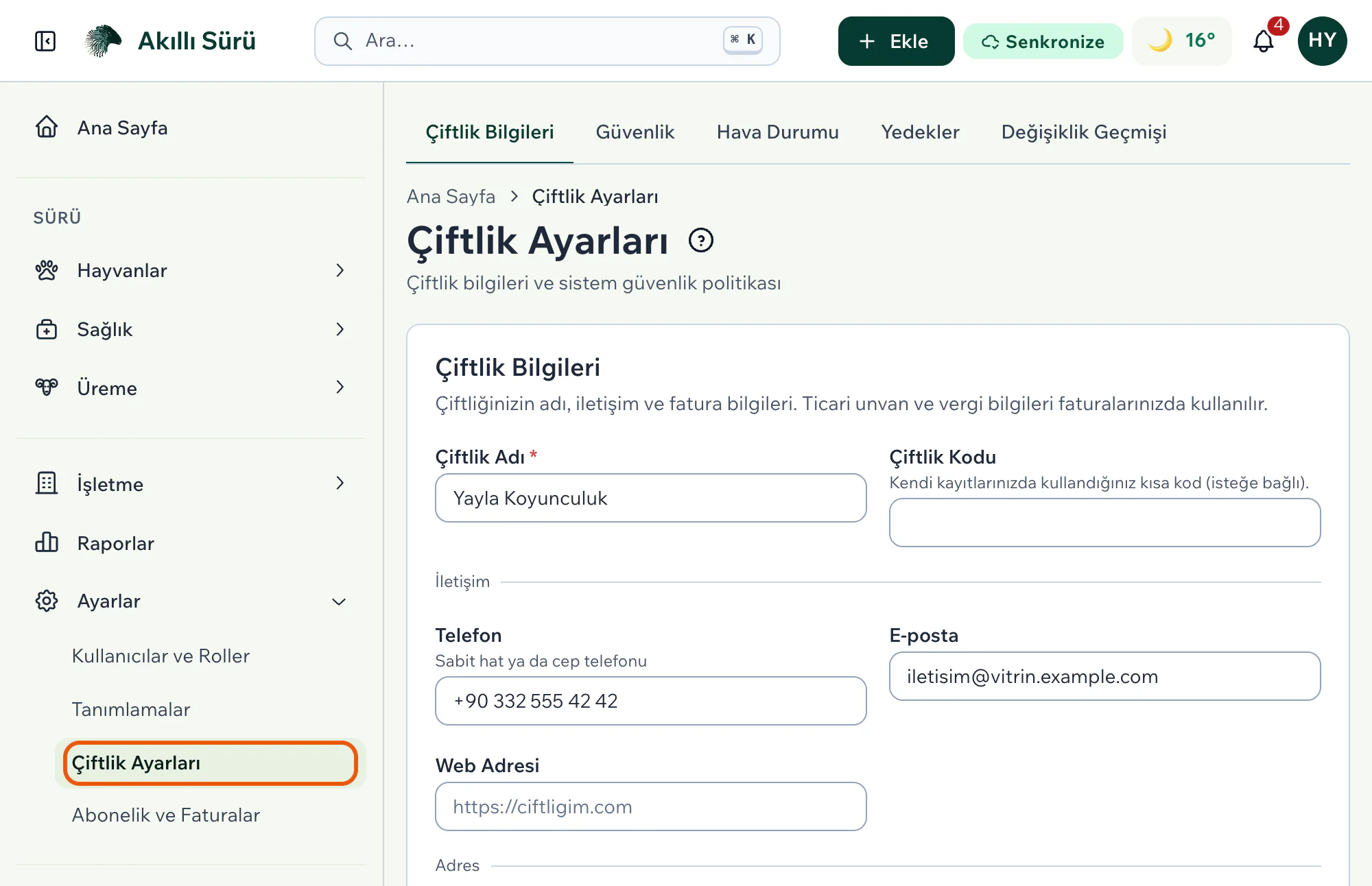 Yan menüde Ayarlar altındaki Çiftlik Ayarları öğesi ve açılan Çiftlik Ayarları sayfası