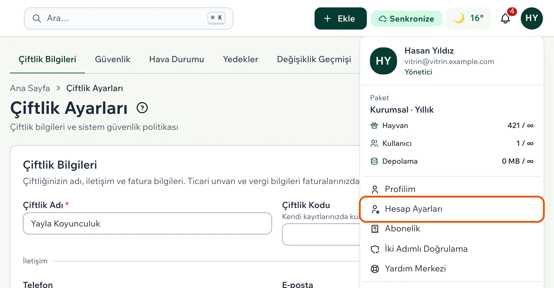 Sağ üstteki kullanıcı menüsünde Hesap Ayarları satırı