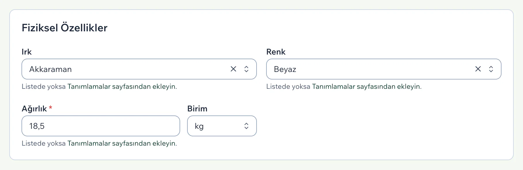 Fiziksel Özellikler bölümünde ırk, renk ve ağırlık dolu