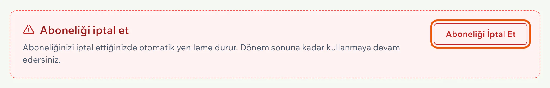 Abonelik Ayarları sayfasının altındaki Aboneliği iptal et bölümü; Aboneliği İptal Et düğmesi vurgulu
