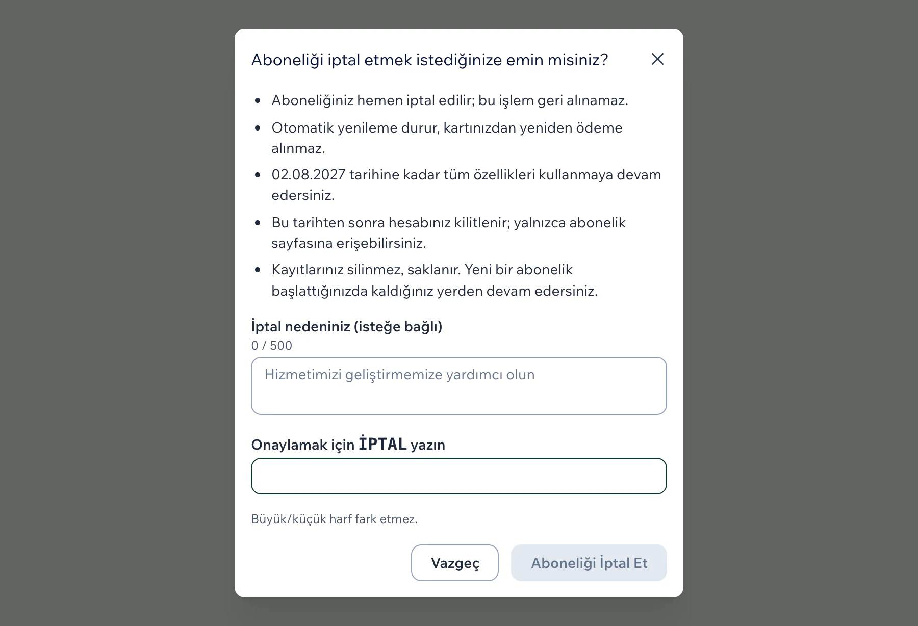 İptal onay penceresinde iptalin sonuçları, isteğe bağlı iptal nedeni alanı ve onay metni kutusu