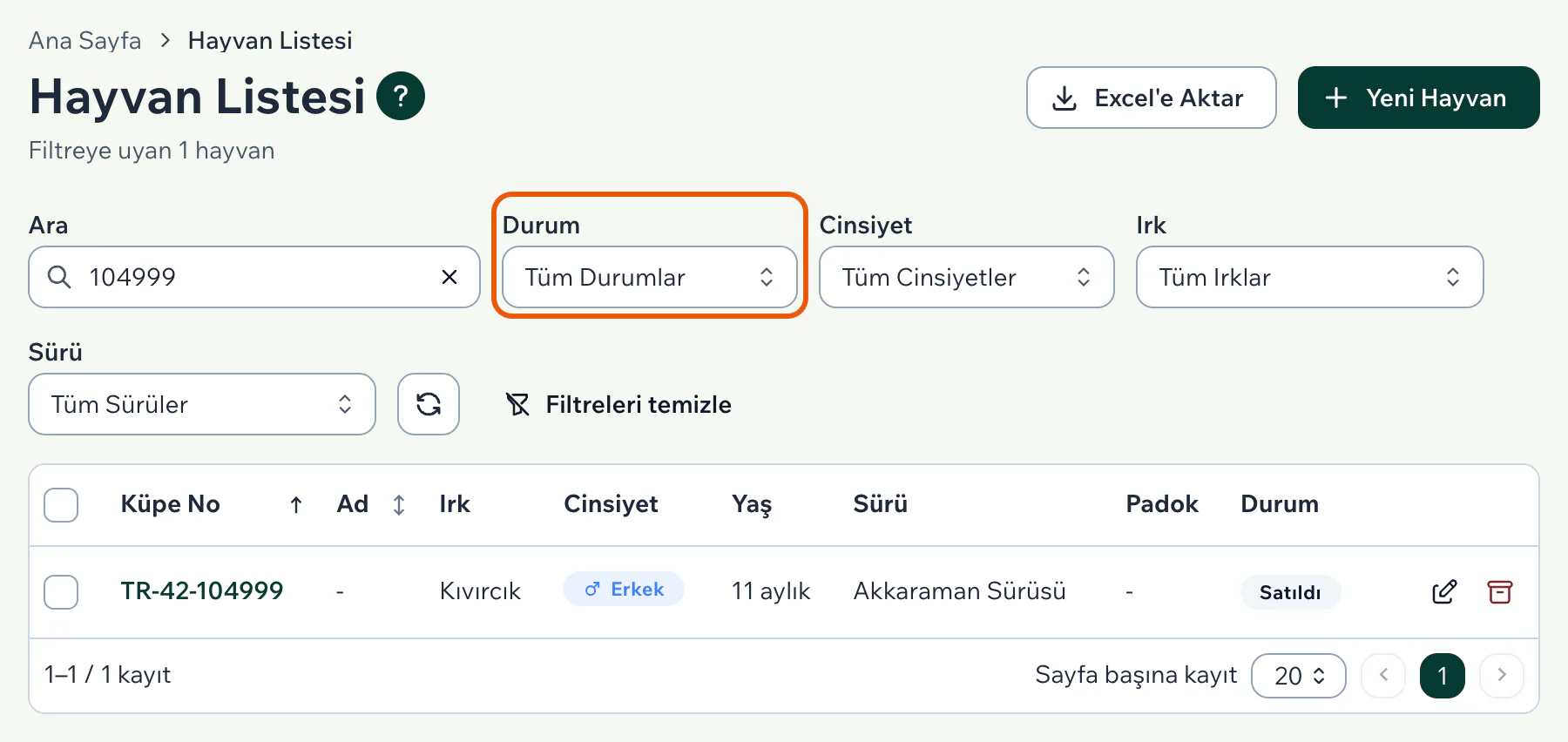 Durum kutusunda Tüm Durumlar seçili; satılmış hayvan listede Satıldı rozetiyle görünüyor