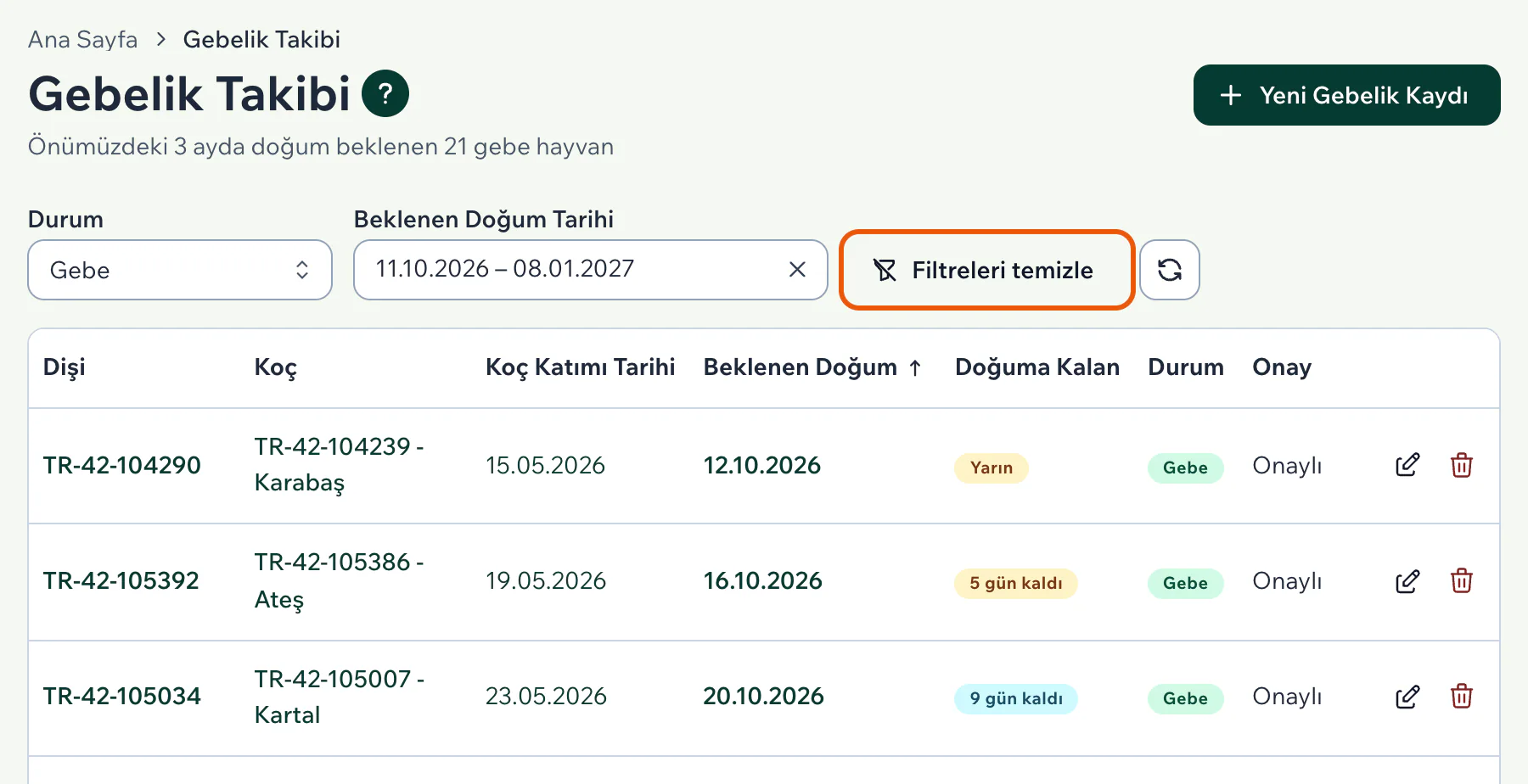 Gebelik Takibi sayfası açılış hâli: Durum Gebe, Beklenen Doğum Tarihi önümüzdeki 3 ay; Filtreleri temizle düğmesi vurgulu