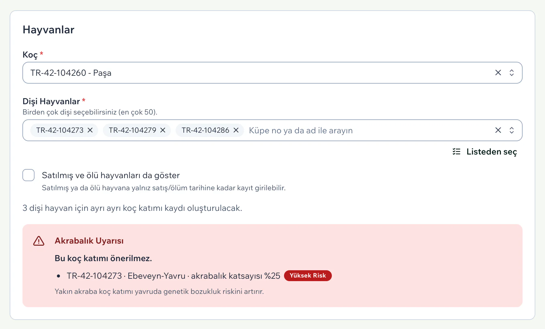 Hayvanlar bölümünde bir koç ve üç dişi seçili, altında Akrabalık Uyarısı kutusu