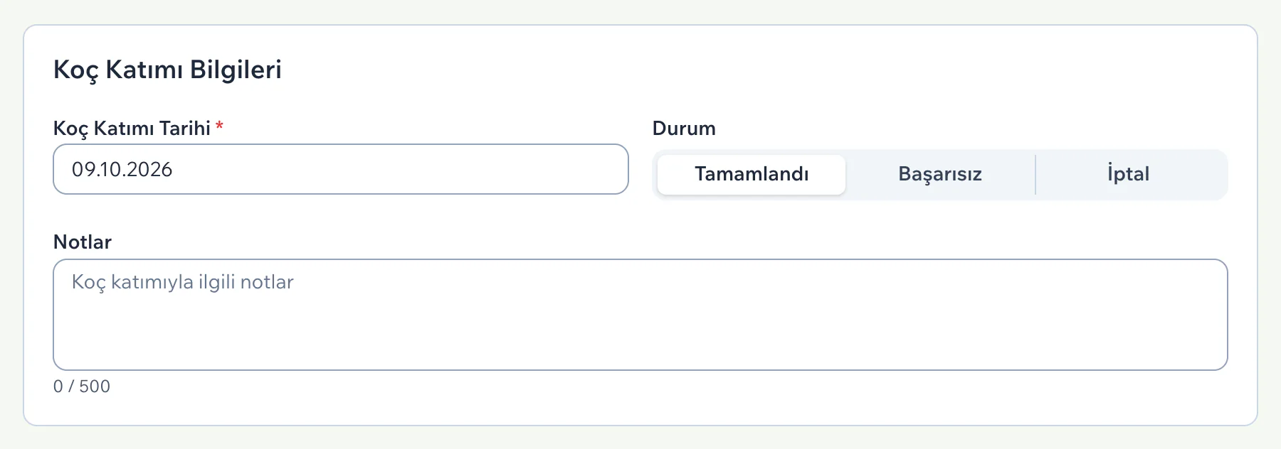 Koç Katımı Bilgileri bölümünde tarih, durum ve notlar
