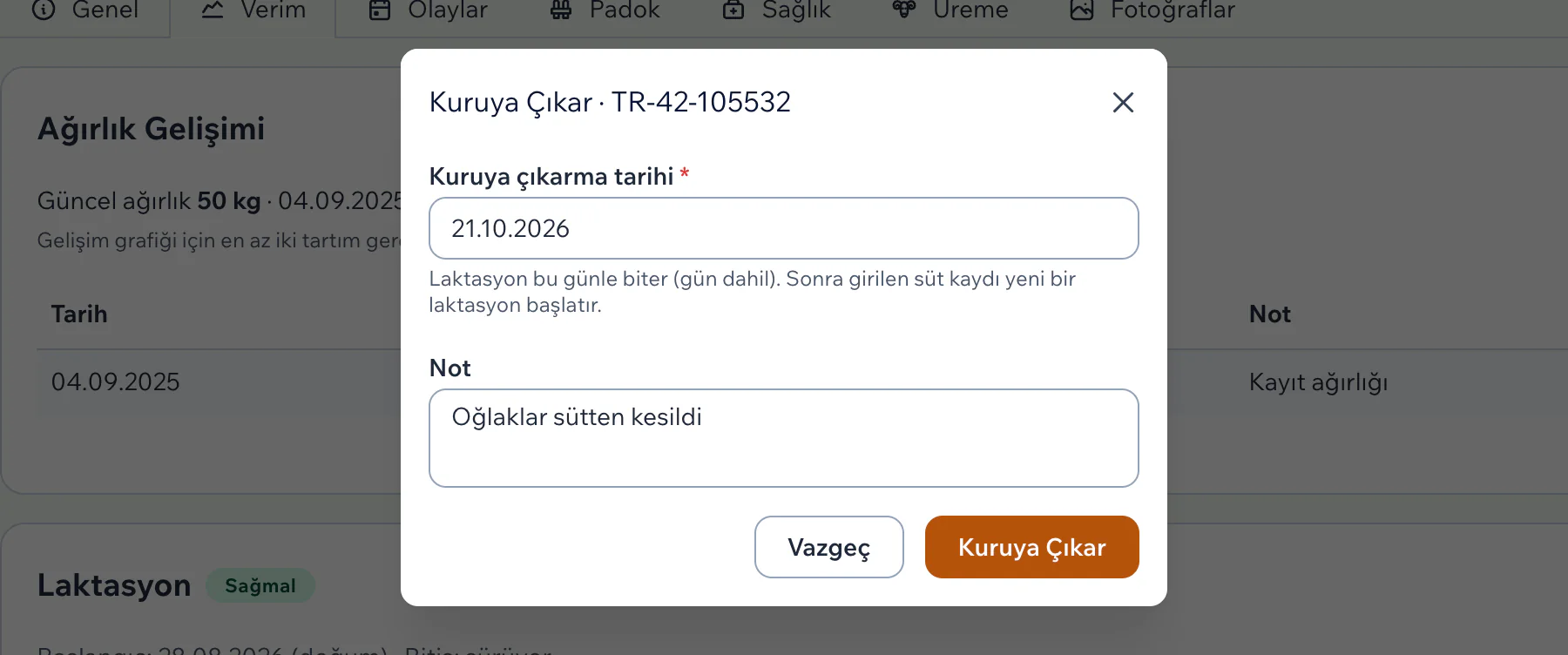 Bir keçi için açılan Kuruya Çıkar penceresi: bugünün tarihi, laktasyonun bu günle biteceğini anlatan not ve doldurulmuş Not alanı