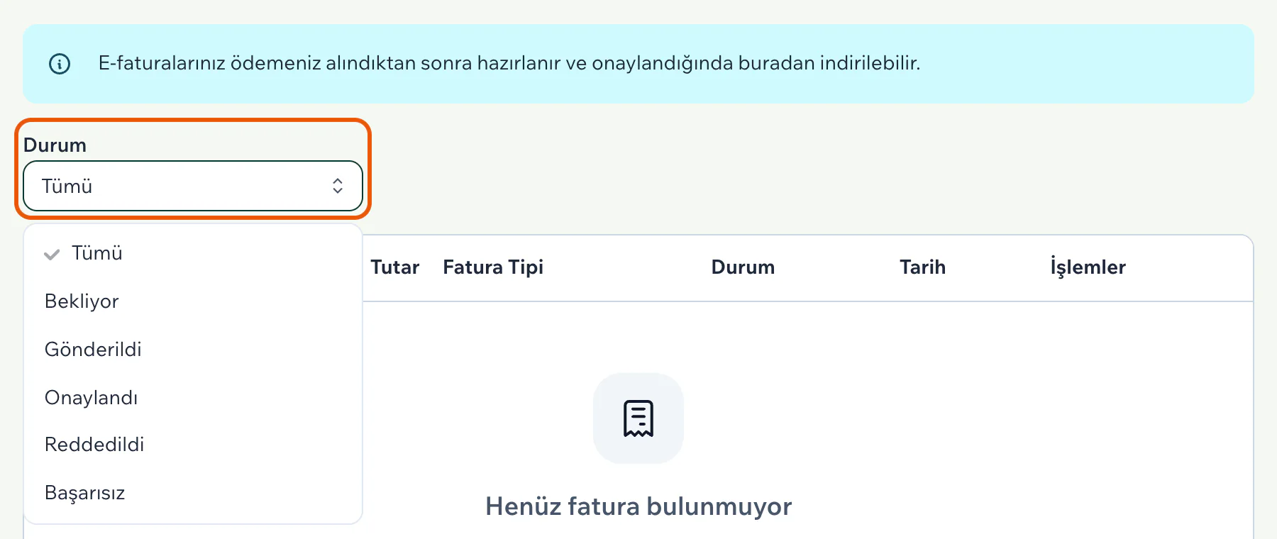 Durum süzgeci açık: Tümü, Bekliyor, Gönderildi, Onaylandı, Reddedildi ve Başarısız seçenekleri