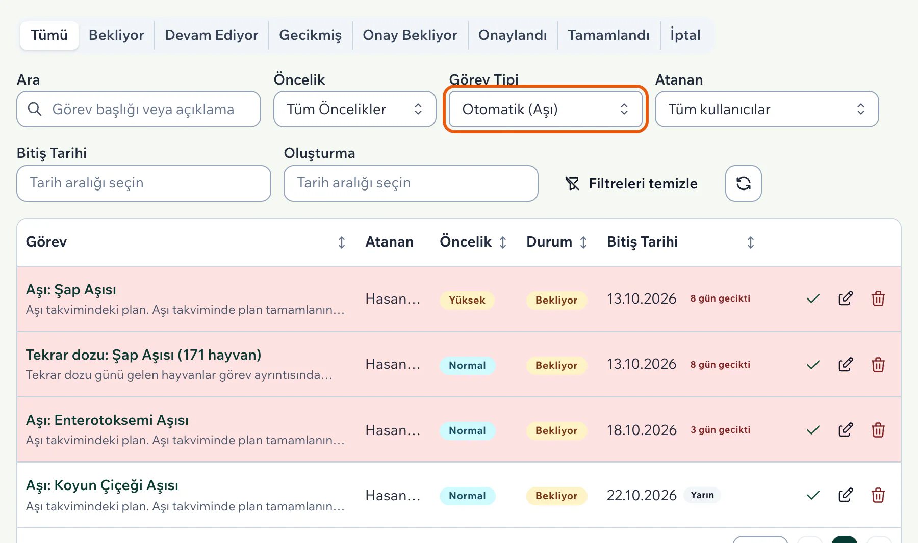 Görev listesinde vurgulu Görev Tipi süzgecinde Otomatik (Aşı) seçili; üç aşı planı görevi ve bir tekrar dozu görevi, üçü gecikmiş