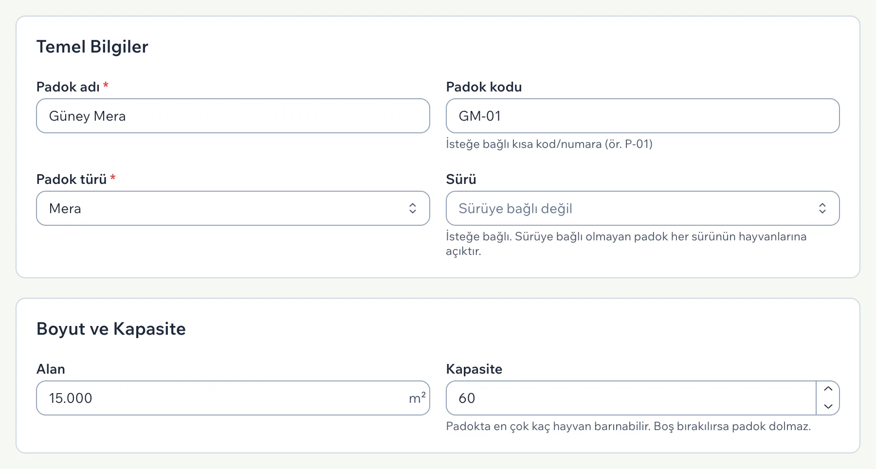 Yeni Padok formunda Temel Bilgiler ile Boyut ve Kapasite bölümleri dolu
