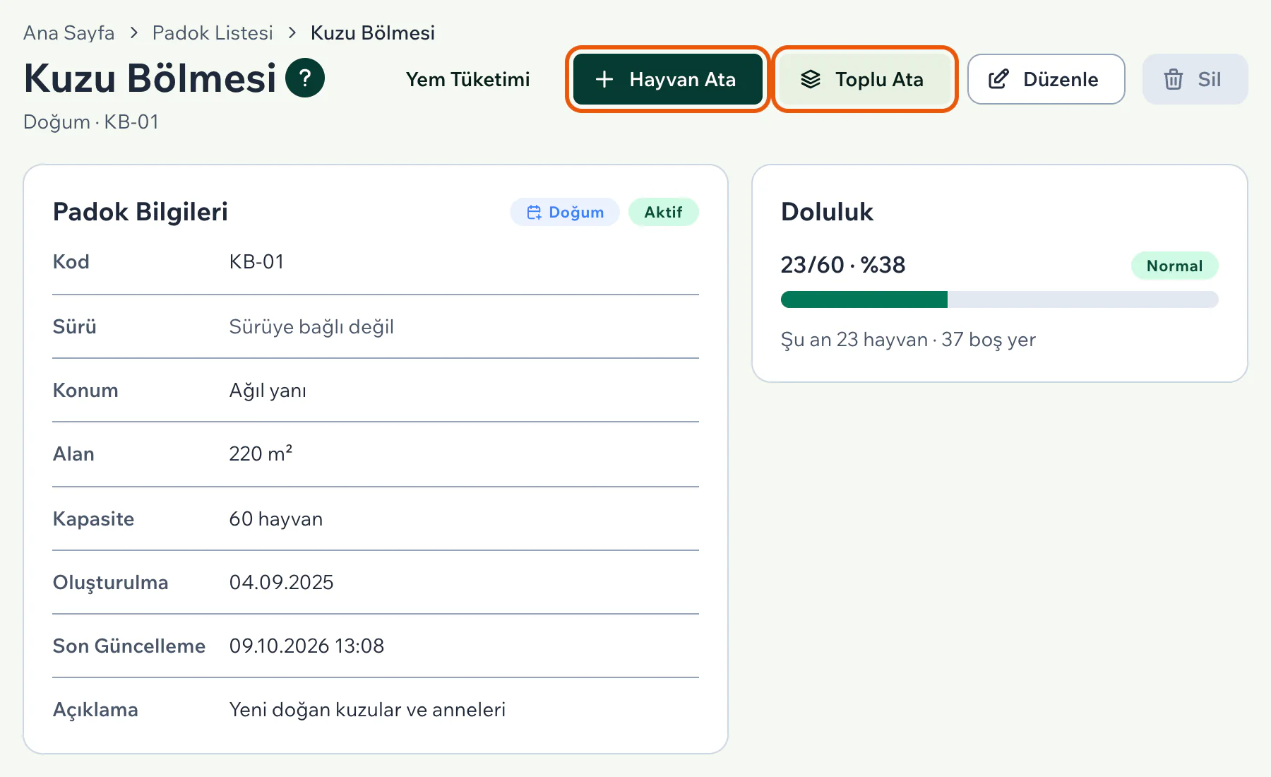 Padokun sayfasında Hayvan Ata ve Toplu Ata düğmeleri, Padok Bilgileri ve Doluluk kartları