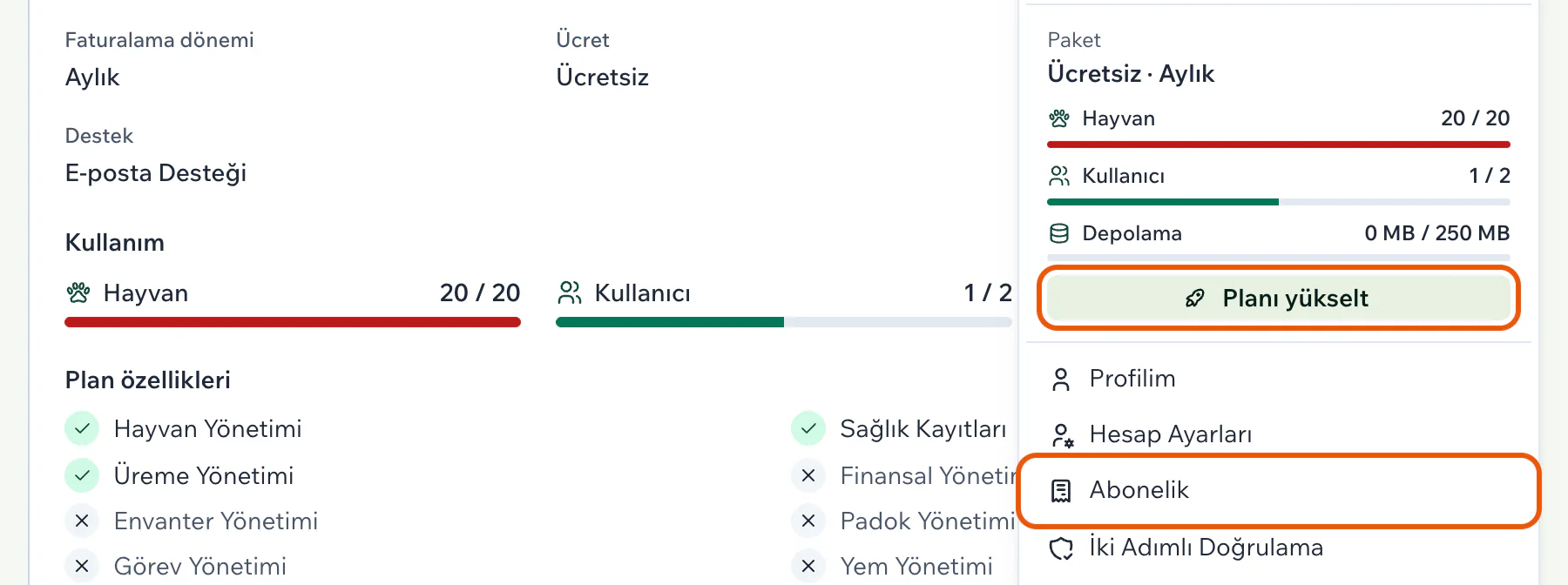 Kullanıcı menüsünde Paket bölümü, Planı yükselt düğmesi ve Abonelik satırı