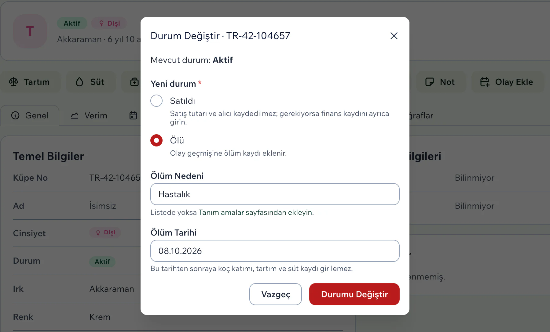 Durum Değiştir penceresinde Ölü seçili; Ölüm Nedeni ve Ölüm Tarihi dolu