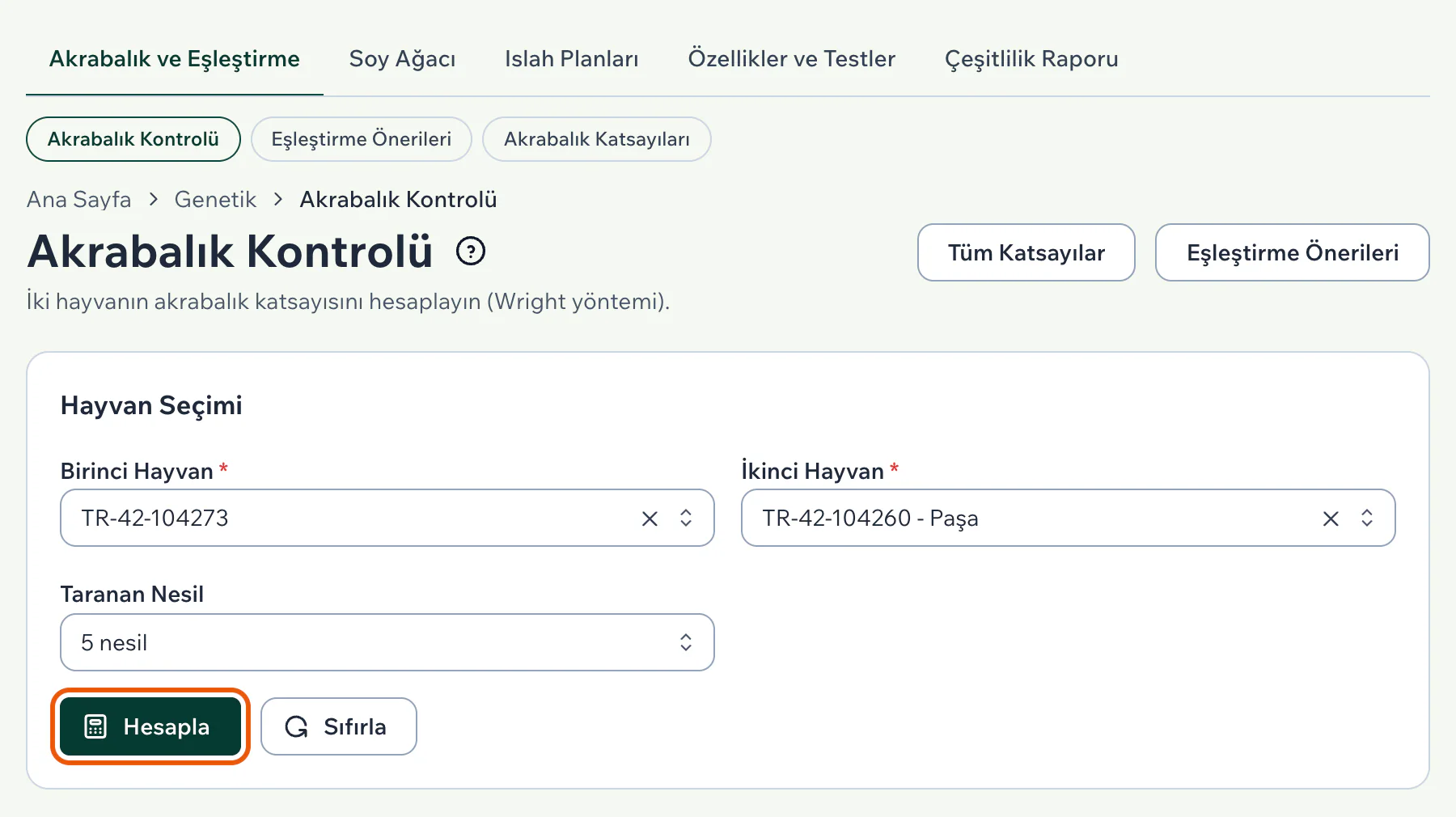 Akrabalık Kontrolü sayfasında iki hayvan seçili, Hesapla düğmesi vurgulu