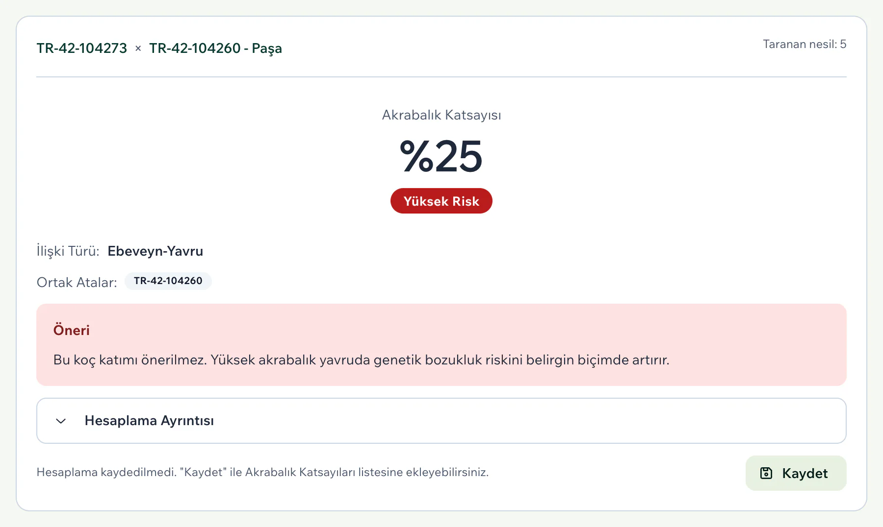 Sonuç kartında yüzde 25 katsayı, Yüksek Risk rozeti, ilişki türü ve öneri kutusu