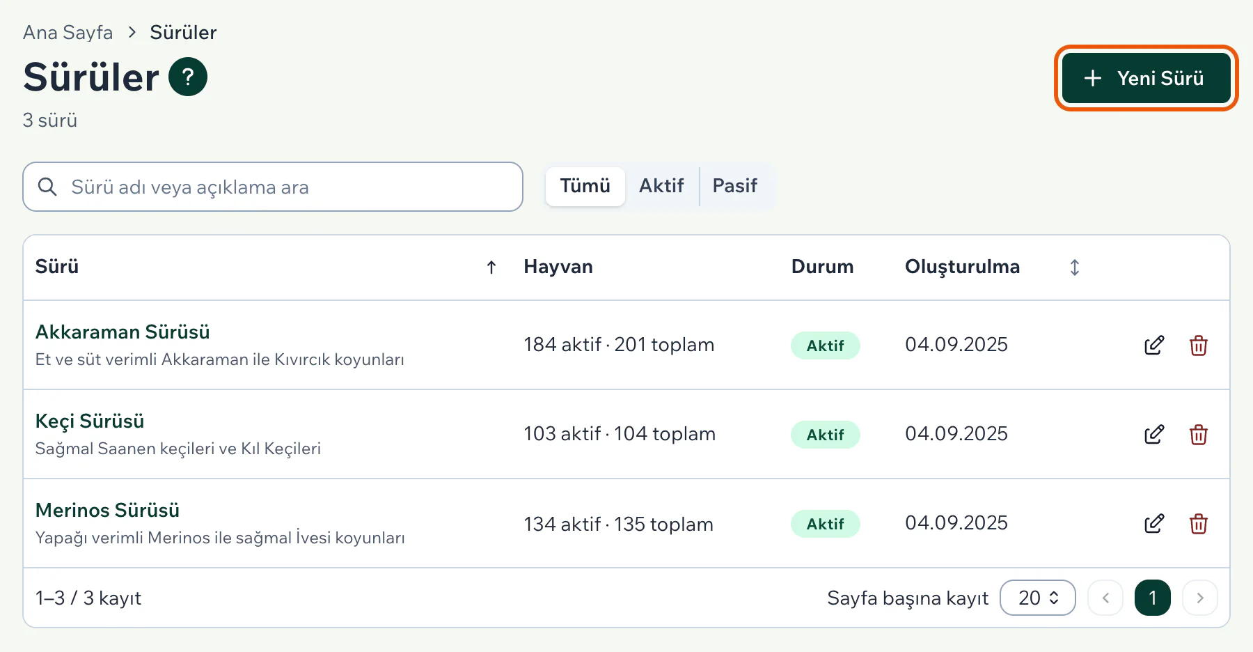Sürüler sayfasında üç sürü ve sağ üstteki Yeni Sürü düğmesi