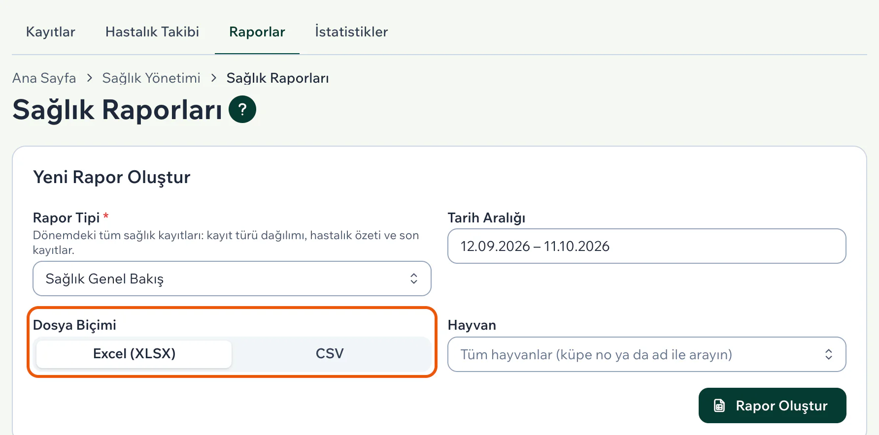 Sağlık Raporları sayfasında Yeni Rapor Oluştur kartı: rapor tipi seçili, Dosya Biçimi seçimi vurgulu