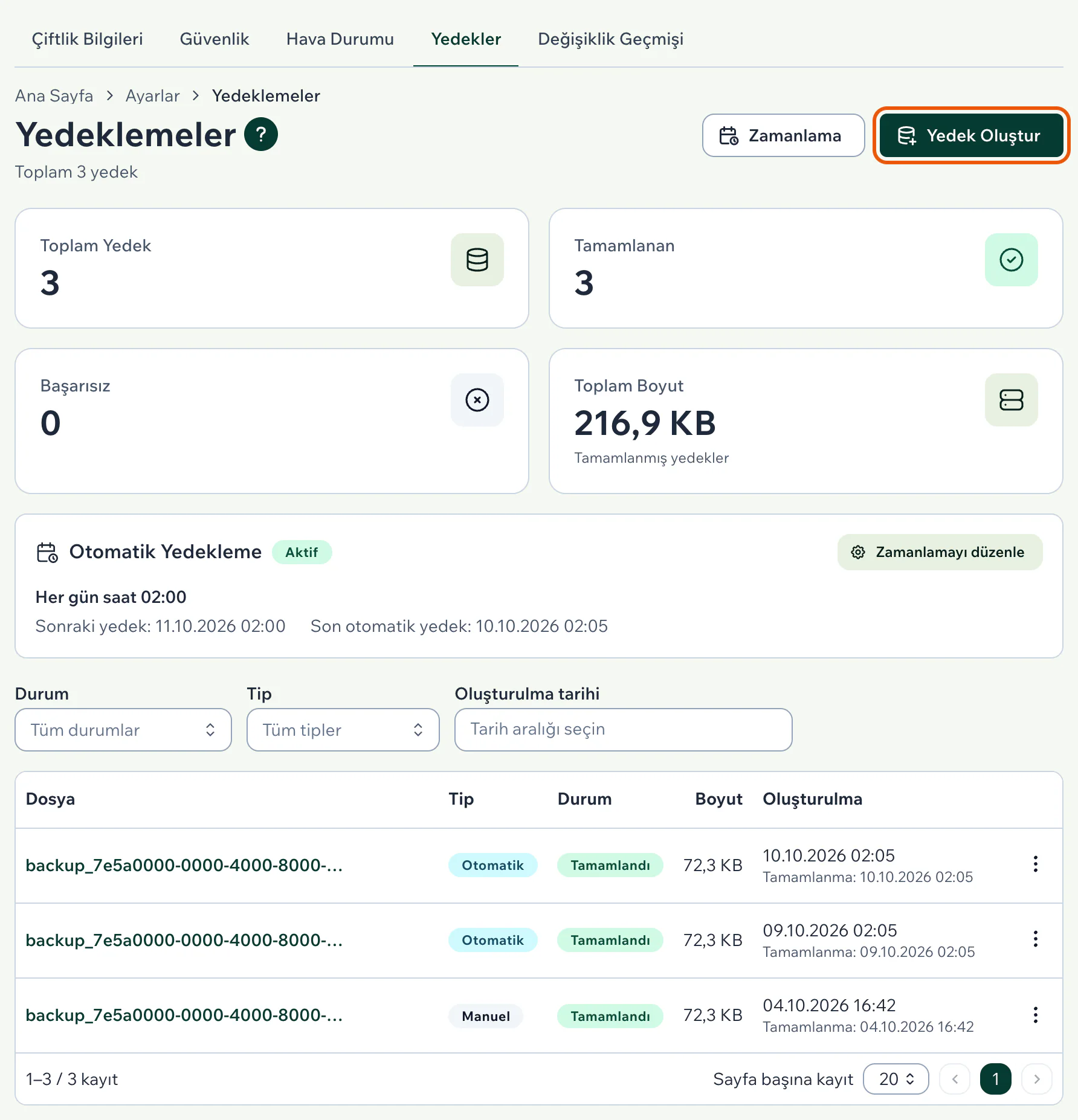 Yedeklemeler sayfası: sayaçlar, Otomatik Yedekleme kartı, süzgeçler ve üç yedeklik liste; Yedek Oluştur düğmesi vurgulu