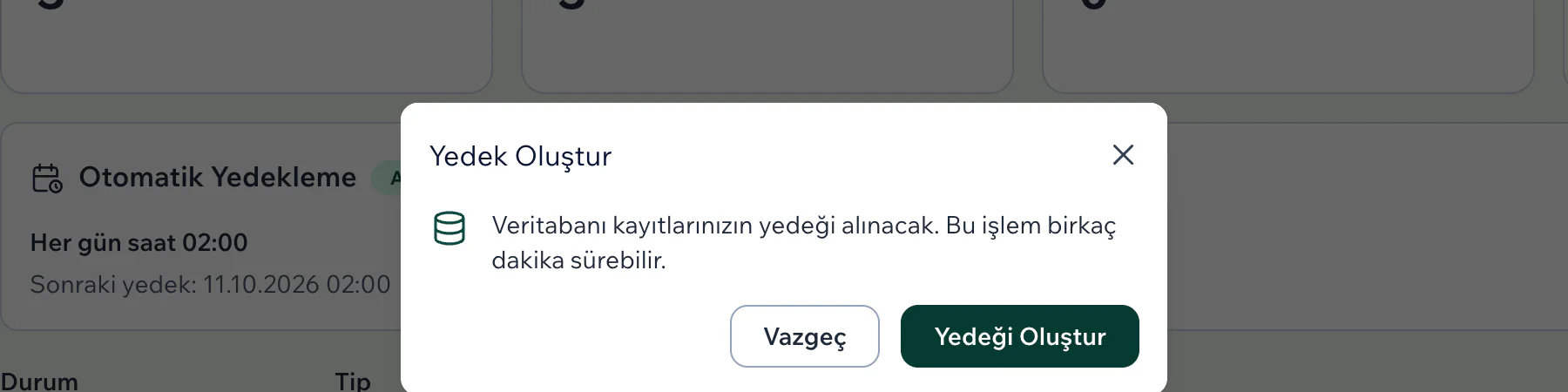 Yedek Oluştur onay penceresi: Vazgeç ve Yedeği Oluştur düğmeleri